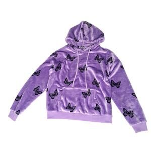 Free Haven Size S Purple Fuzzy Butterfly Pattern Hoodie Front Pocket Longsleeve